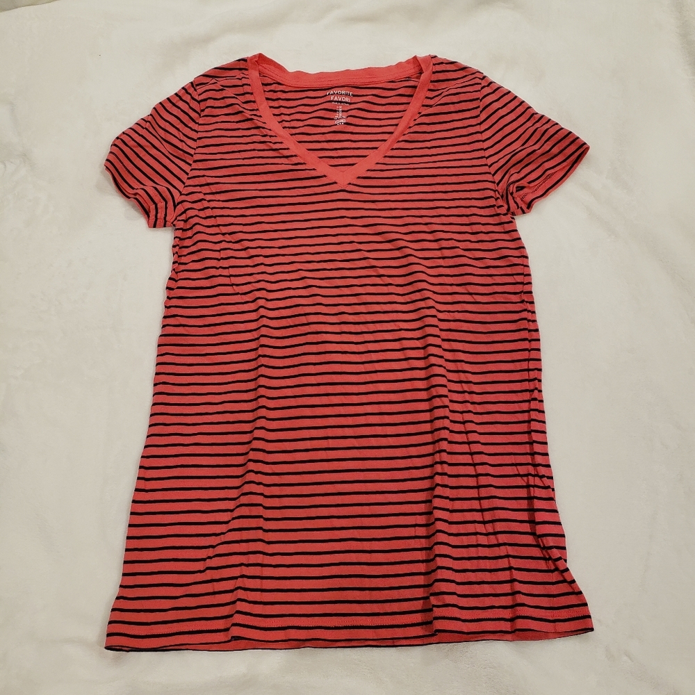GAP Coral Red and Black Striped V-Neck T-Shirt
